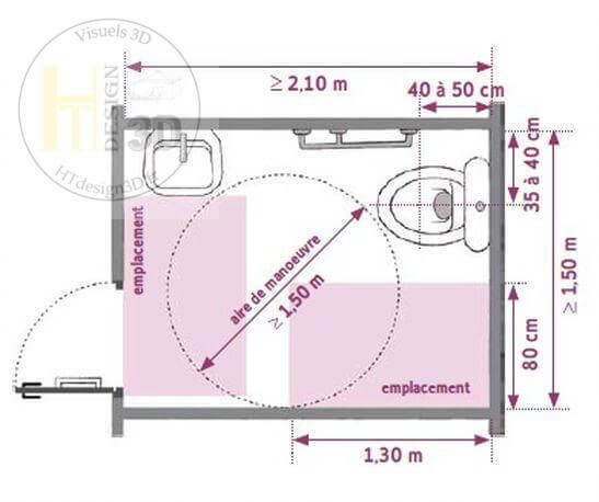 Plan d'un sanitaire accessible avec espace de manœuvre, lavabo et barres d'appui.