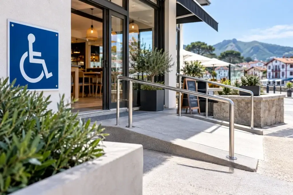 Accessibilité PMR ERP au Pays Basque : entrée de commerce avec rampe d’accès