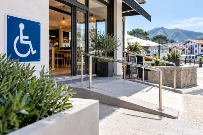 Accessibilité PMR ERP au Pays Basque : entrée de commerce avec rampe d’accès