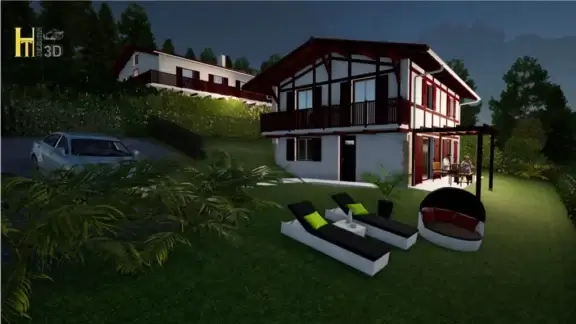 Rendu 3D maison basque à Saint-Jean-de-Luz – vue extérieure nocturne